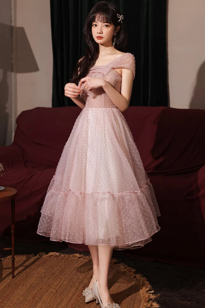 Pink Tulle Short A-Line Prom Dress, One Shoulder Homecoming Party Dress